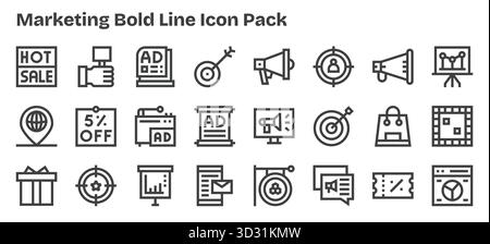 Pack vectoriel avec 24 icônes Bold Outline inspirées par le marketing, idéal pour le travail de conception évolutif et créatif. Illustration de Vecteur