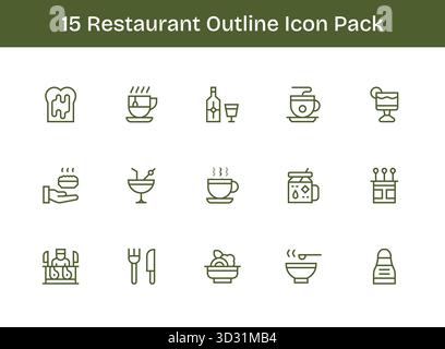 Pack organisé de 15 icônes vectorielles dans la conception Outline, centré autour des concepts de restaurant. Illustration de Vecteur