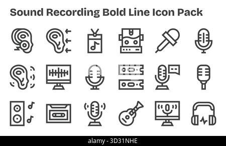 Pack organisé de 18 icônes vectorielles dans la conception Bold Line, centré autour des concepts d'enregistrement sonore. Illustration de Vecteur