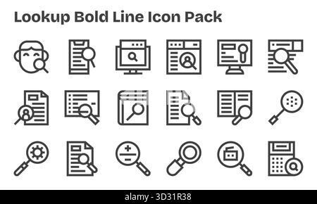 Une collection épurée de 18 icônes Bold Line représentant Lookup, conçue pour les tableaux de bord et les interfaces modernes. Illustration de Vecteur