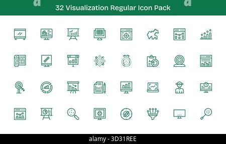 Cette collection comprend 32 icônes de style ligne régulière adaptées au thème visualisation, idéales pour la conception numérique. Illustration de Vecteur