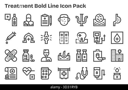 Cet ensemble de 28 icônes Extra Bold Line capture des thèmes de traitement, parfaits pour les applications technologiques et commerciales. Illustration de Vecteur
