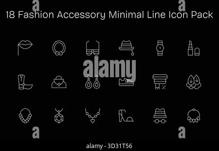 Pack organisé de 18 icônes vectorielles dans la conception de ligne minimale, centré autour des concepts d'accessoires de mode. Illustration de Vecteur