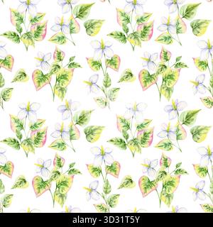 Modèle sans couture partout de clipart d'aquarelle dessinée à la main avec des fleurs blanches avec des feuilles vertes et roses. Excellent pour les textiles, le papier peint, le papier d'emballage et les conceptions de scrapbooking numérique Banque D'Images