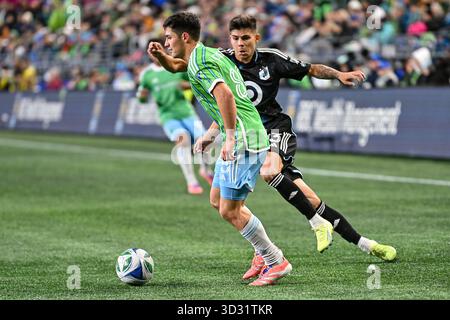 Seattle, États-Unis. 3 novembre 2025. 03 novembre 2025 : Kalani Kossa-Rienzi, défenseur des Sounders de Seattle (85 ans) lors du match éliminatoire du premier tour de la Coupe MLS entre les Sounders de Seattle et le Minnesota United à Seattle WA Seattle bat le Minnesota 4-2. Steve Faber/CSM crédit : Cal Sport Media/Alamy Live News Banque D'Images