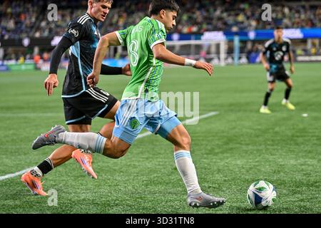 Seattle, États-Unis. 3 novembre 2025. 03 novembre 2025 : le milieu de terrain des Seattle Sounders Obed Vargas lors du match éliminatoire du premier tour de la MLS Cup entre les Seattle Sounders et le Minnesota United à Seattle WA Seattle bat le Minnesota 4-2. Steve Faber/CSM crédit : Cal Sport Media/Alamy Live News Banque D'Images