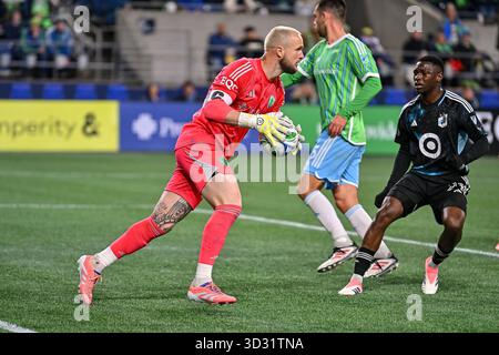 Seattle, États-Unis. 3 novembre 2025. 03 novembre 2025 : le gardien Stefan Frei (24 ans) des Seattle Sounders lors du match éliminatoire du premier tour de la Coupe MLS entre les Seattle Sounders et le Minnesota United à Seattle WA Seattle bat le Minnesota 4-2. Steve Faber/CSM crédit : Cal Sport Media/Alamy Live News Banque D'Images