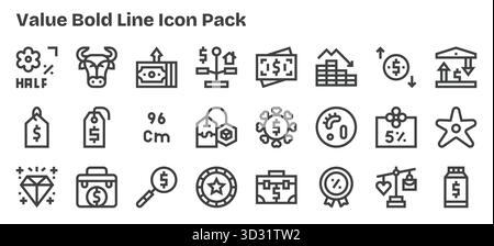 Téléchargez 24 icônes évolutives Bold Outline conçues pour la valeur, adaptées aux projets professionnels et créatifs. Illustration de Vecteur