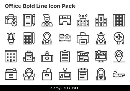 Cet ensemble de 28 icônes Extra Bold Line capture des thèmes Office, parfaits pour les applications technologiques et commerciales. Illustration de Vecteur