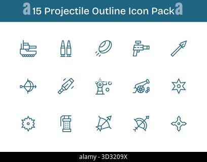 Un ensemble polyvalent de 15 icônes vectorielles Outline axées sur le projectile, idéal pour les applications mobiles et web. Illustration de Vecteur
