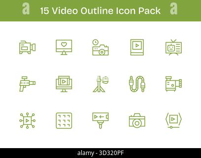 Un ensemble dynamique de 15 icônes dans le style Outline, adapté pour la vidéo et adapté pour les produits numériques. Illustration de Vecteur
