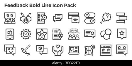 Téléchargez 24 icônes évolutives Bold Outline conçues pour les commentaires, adaptées aux projets professionnels et créatifs. Illustration de Vecteur