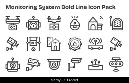 Une collection épurée de 18 icônes Bold Line représentant Monitoring System, conçue pour les tableaux de bord et les interfaces modernes. Illustration de Vecteur