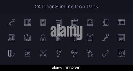 Une collection épurée de 24 icônes Slim Line représentant la porte, conçue pour les tableaux de bord et les interfaces modernes. Illustration de Vecteur
