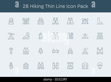 Ensemble de 28 icônes de style Thin Line sur le thème de la randonnée, conçu pour une intégration transparente dans les applications et les sites Web. Illustration de Vecteur