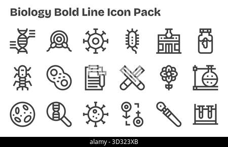 Pack organisé de 18 icônes vectorielles dans la conception de Bold Line, centré autour des concepts de biologie. Illustration de Vecteur