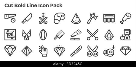 Explorez 24 icônes vectorielles de style contour gras inspirées par Cut. Parfait pour les interfaces Web et d'application. Illustration de Vecteur