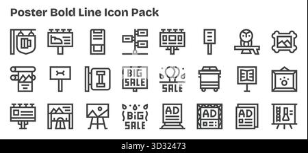 Télécharger 24 icônes évolutives Bold Outline conçues pour Poster, adaptées aux projets professionnels et créatifs. Illustration de Vecteur