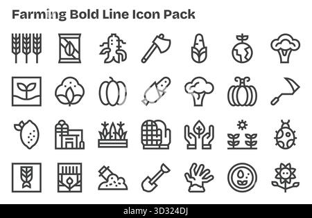 Cet ensemble de 28 icônes Extra Bold Line capture des thèmes agricoles, parfaits pour les applications technologiques et commerciales. Illustration de Vecteur