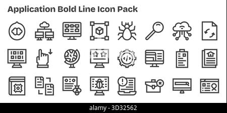 Un ensemble dynamique de 24 icônes dans le style Bold Outline, adapté à l'application et adapté aux produits numériques. Illustration de Vecteur