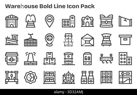 Cet ensemble de 28 icônes Extra Bold Line capture des thèmes d'entrepôt, parfaits pour les applications technologiques et commerciales. Illustration de Vecteur