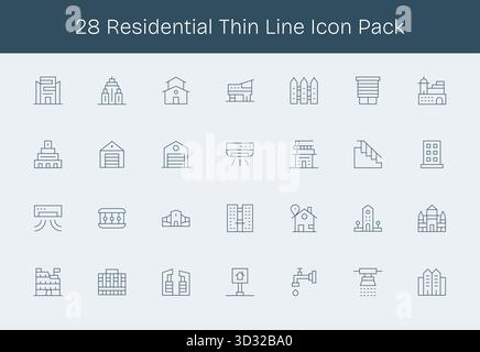 Une collection épurée de 28 icônes Thin Line représentant le résidentiel, conçu pour les tableaux de bord et les interfaces modernes. Illustration de Vecteur