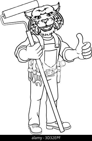 Wildcat Painter Decorator Paint Roller Mascot Man Illustration de Vecteur