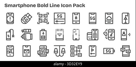 Télécharger 24 icônes évolutives Bold Outline conçues pour smartphone, adaptées aux projets professionnels et créatifs. Illustration de Vecteur