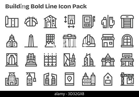 Cet ensemble de 28 icônes Extra Bold Line capture des thèmes de bâtiment, parfaits pour les applications technologiques et commerciales. Illustration de Vecteur