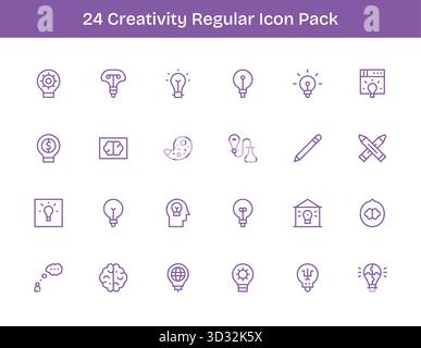 Pack organisé de 24 icônes vectorielles dans la conception Outline régulière, centrée autour des concepts de créativité. Illustration de Vecteur