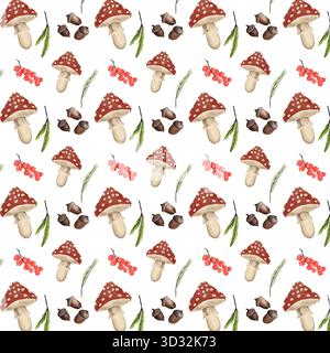 Aquarelle d'automne modèle sans couture de toadstools, baies, brindilles d'épicéa, glands. Banque D'Images