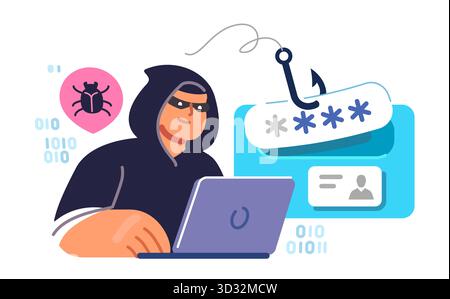 Attaque de phishing, malware, virus, cybersécurité et confidentialité sur Internet. Pirate informatique volant des données personnelles Illustration de Vecteur