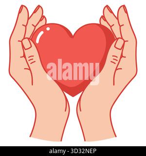 Illustration vectorielle de deux mains tenant doucement un symbole de coeur rouge de l'amour et des soins Illustration de Vecteur