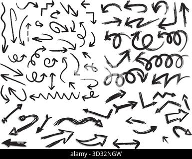 Ensemble de flèches vectorielles grunge audacieuses : lignes de trait de pinceau brutes, boulons éclair graffiti pochoir et marques de direction épaisses dessinées à la main avec texture de peinture sur TR Illustration de Vecteur