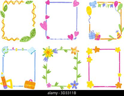 Cadres à dessin pastel. Cadre décoratif en craie, bannières vides avec des coeurs, des fleurs, des éléments scolaires, fête d'anniversaire. Ensemble de vecteurs néotériques tracé à la main ori Illustration de Vecteur