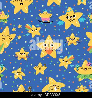 Motif sans couture des étoiles de dessin animé mignon. Des personnages drôles rient ou pleurent. Volez dans le ciel nocturne. Impression étoilée répétée. Visage joyeux. Les mascottes souriantes s'amusent. EM Illustration de Vecteur