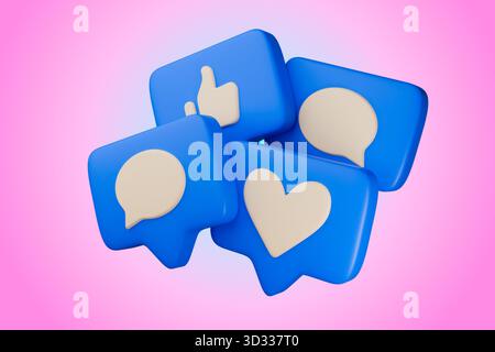 L'image montre plusieurs icônes de médias sociaux 3D flottant sur un fond rose Banque D'Images