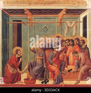 DUCCIO di Buoninsegna (né vers 1255, Sienne, d. 1319, Sienne) lavage des pieds 1308-11 Tempera sur bois, 50 x 53 cm Museo dell'Opera del Duomo, Sienne seul Jean raconte l'histoire du lavage des pieds et les événements doivent donc être lus de haut en bas, selon l'ordre dans lequel ils se produisent dans cet évangile. Le cadre est l'intérieur, en perspective centrale, d'une pièce sans ornement ; les seuls éléments décoratifs sont le plafond à caissons et l'insert multifoiled placé sur la paroi arrière. Ce détail doit aussi être imaginé dans la dernière Cène, caché par le halo du Christ, puisqu'il récolte Banque D'Images