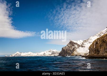 Paysages et paysages marins avec des montagnes dans la baie d'Elsehul, île de Géorgie du Sud, Océan Austral, région Antarctique Banque D'Images