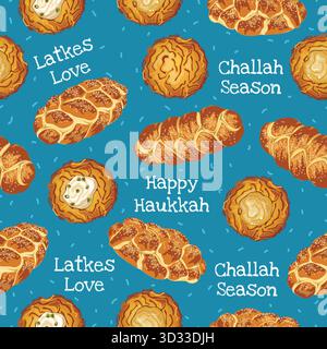 Latkes, pain Challah et voeux de vacances sur fond bleu. Illustration de modèle alimentaire Hanukkah sans couture Illustration de Vecteur