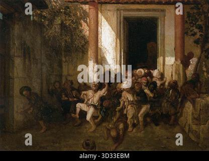 DECAMPS, Alexandre Gabriel (né en 1803, Paris, mort en 1860, Fontainebleau) garçons turcs sortir de l'école c. 1841 huile sur toile, 66 x 189 cm Mus?e du Louvre, Paris lors de ses voyages en Grèce et en Turquie de 1827 à 1830, et en Italie en 1839, Decamps réalise un grand nombre d'études et de croquis qu'il utilisera plus tard tout au long de sa carrière. Il s’affirme comme peintre orientalisateur au salon de 1831. Le public appréciait le caractère anecdotique de ses scènes orientales, ses thèmes agréables de la vie quotidienne. --- mots-clés : ------------- Auteur : DECAMPS, Alexandre Gabriel titre : turc Banque D'Images