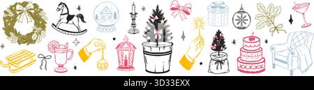 Ensemble fantaisiste de doodle de Noël. Icônes de vacances vintage dessinées à la main. Couronne, boule à neige, bougie, chaise confortable, arbre de Noël dans le style doodle croquis Illustration de Vecteur