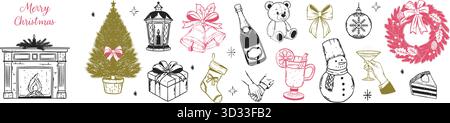 Ensemble fantaisiste de Noël confortable. Cheminée de vacances dessinée à la main, arbre, cloches, cadeaux, champagne, couronne, bonhomme de neige et arcs festifs pour invitat d'hiver vintage Illustration de Vecteur