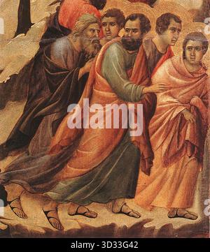 DUCCIO di Buoninsegna (né vers 1255, Sienne, d. 1319, Sienne) Christ fait prisonnier (détail) 1308-11 Tempera sur bois Museo dell'Opera del Duomo, Sienne le côté droit de la scène : la fuite des apôtres. --- mots-clés : ------------- Auteur : DUCCIO di Buoninsegna titre : Christ Taken Prisoner (détail) chronologie : 1301-1350 École : Italien forme : peinture type : religieux Banque D'Images