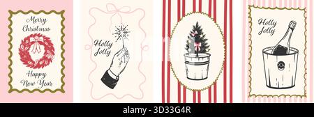 Cartes de vacances dessinées à la main dans le style crayon. Collection d'affiches de Noël fantaisistes avec couronne, main avec étincelant, arbre de Noël avec des noeuds a Illustration de Vecteur