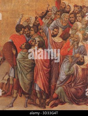 DUCCIO di Buoninsegna (né vers 1255, Sienne, d. 1319, Sienne) Crucifix (détail) 1308-11 Tempera sur bois Museo dell'Opera del Duomo, Sienne à droite, les prêtres et les soldats sont montrés moqueurs et insultants, avec des mouvements brutaux. --- mots-clés : ------------- Auteur : DUCCIO di Buoninsegna titre : Crucifix (détail) chronologie : 1301-1350 École : italienne forme : peinture type : religieux Banque D'Images