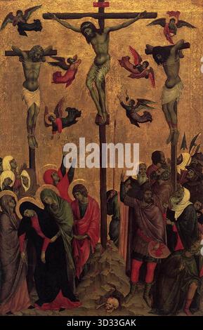 DUCCIO di Buoninsegna (né vers 1255, Sienne, d. 1319, Sienne) Crucifixion 1310s Panel, 60 x 38 cm City Art Galleries, Manchester récemment l'attribution traditionnelle de cette peinture à Duccio est contestée, les noms de Segna di Bonaventura et Ugolino di Nerio ont été proposés comme auteur possible. --- mots-clés : ------------- Auteur : DUCCIO di Buoninsegna titre : Crucifixion chronologie : 1301-1350 École : italienne forme : peinture type : religieux Banque D'Images