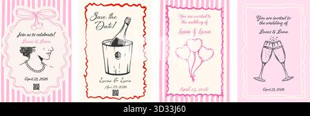 Ensemble d'invitation de mariage dans le style d'esquisse de doodle d'encre. Cadres dessinés à la main avec mariée élégante, seau à glace, ballons en cœur et verres à champagne pétillants Illustration de Vecteur