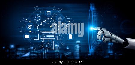 Un écosystème de stockage cloud et de synchronisation des données géré par l'IA. Un concept de cloud computing intelligent pour le stockage, la sauvegarde et le partage de fichiers. Motif Banque D'Images