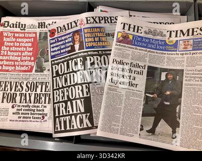 La première page des journaux britanniques doute, pourquoi un suspect de couteau de train a-t-il été libre de parcourir les rues pendant 24 heures après avoir marché sur des barbiers brandissant un couteau Banque D'Images